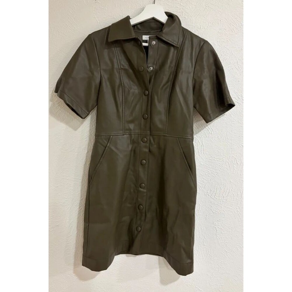 Topshop Olive Green Faux Leather Button Front Mini Dress Size 4